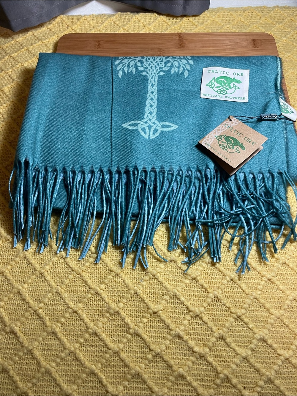 Celtic Ore Teal  Wool Blend Fringe Scarf with Tree Motif